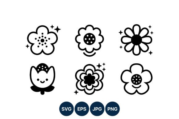 Cute Black White Flower Faces Vector Graphics