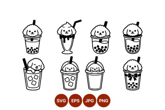 Cute Dog Bubble Tea Line Art Graphics & Illustrations
