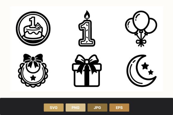 First Birthday Black White Icons: Graphics & Illustrations