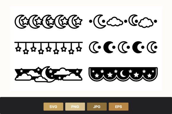 Moon Star Cloud Line Art Border: Graphics & Illustrations